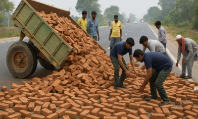 मुरादाबाद हाईवे पर पलटी ईंटों से भरी ट्रॉली – बड़ा हादसा टला, चालक सुरक्षित