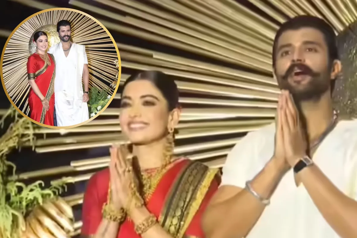 Hyderabad रिसेप्शन पर पारंपरिक अंदाज़ में पहुंचे Rashmika और Vijay।